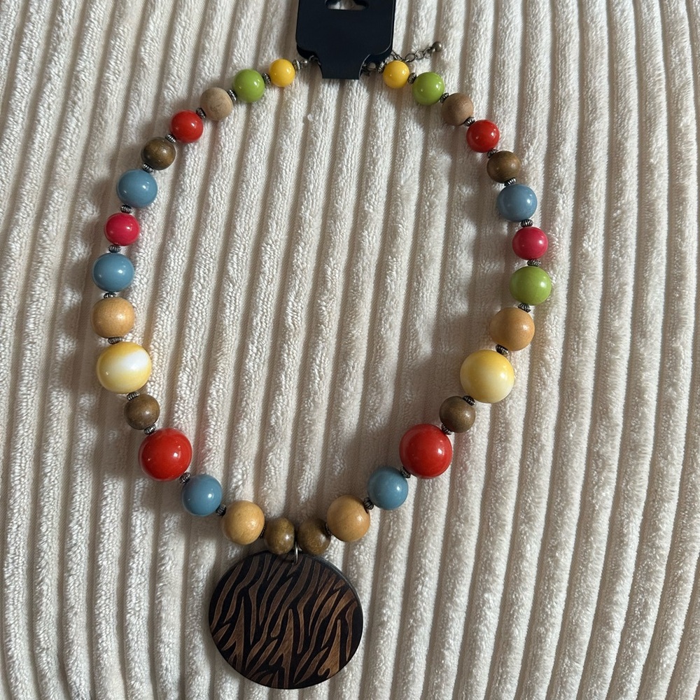 Boho style wood beads necklace with wood carved pendant
